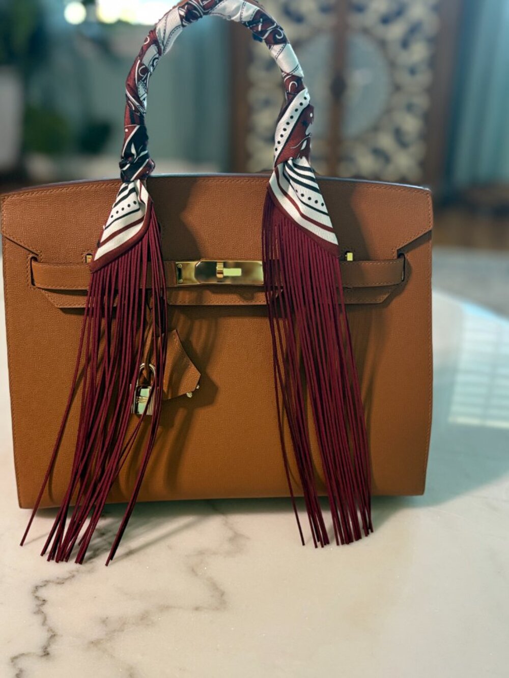 Burgundy Equestrian Purse Handbag Scarf with Fringe - Picture 6 of 10